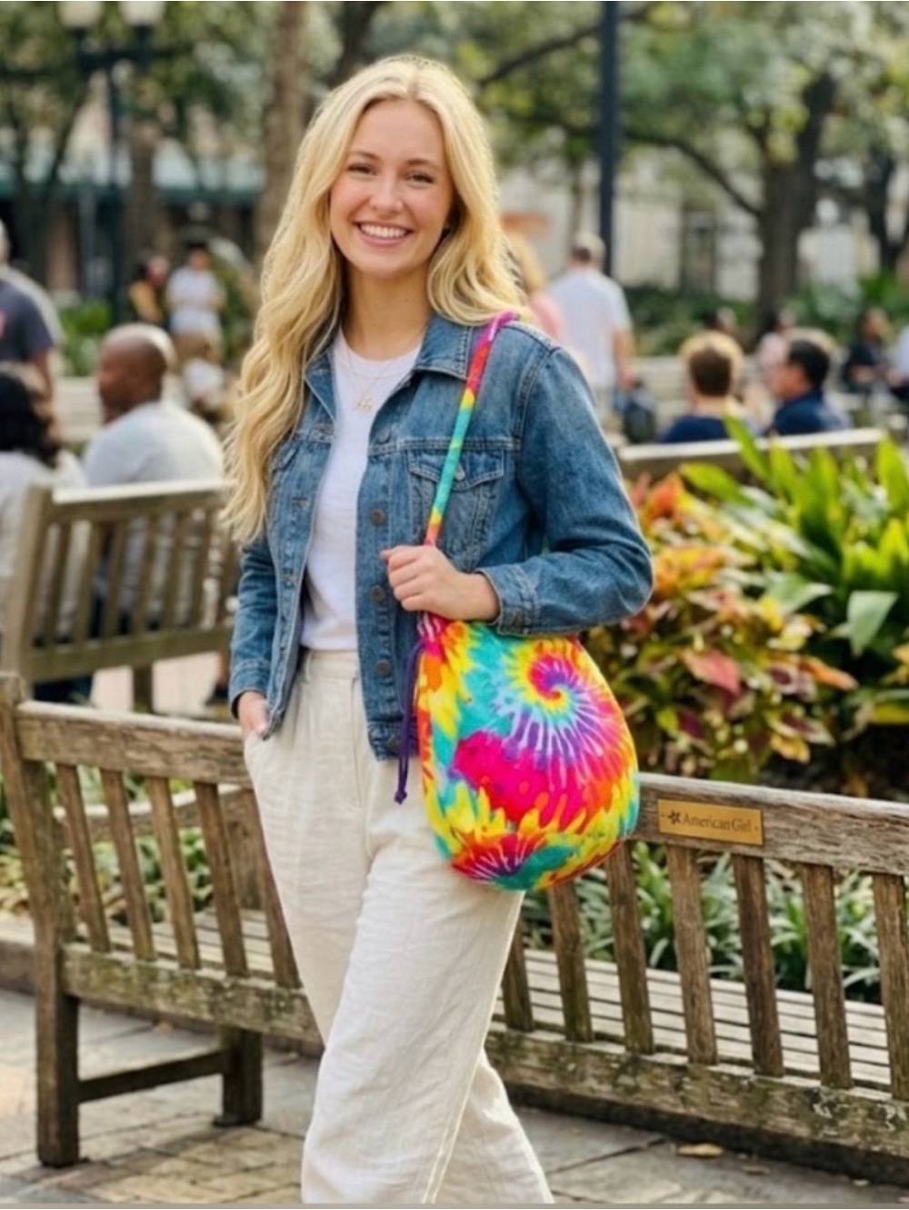 American Girl Tie-Dye Drawstring Bucket Bag in Yellow, Turquoise & Pink